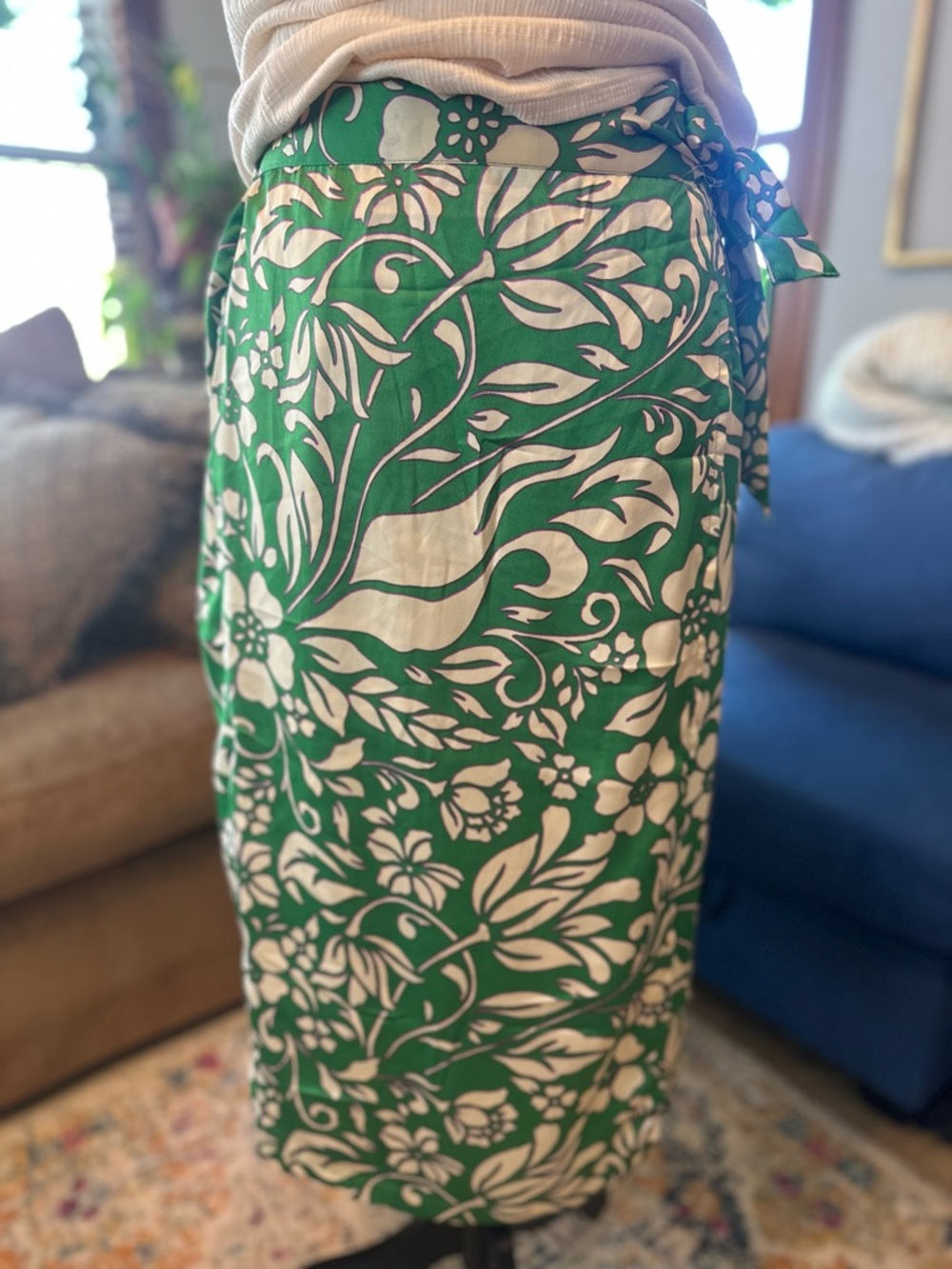 🆕 Japna Green and Cream Floral Wrap Skirt with Purple Accents. Large.